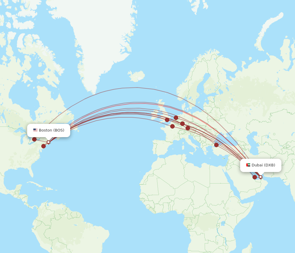 All flight routes from Dubai to Boston, DXB to BOS - Flight Routes