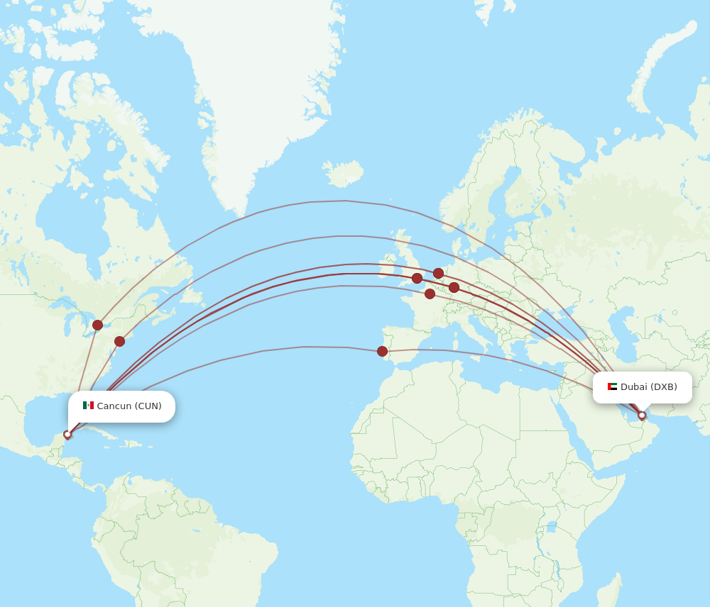 DXB to CUN flights and routes map