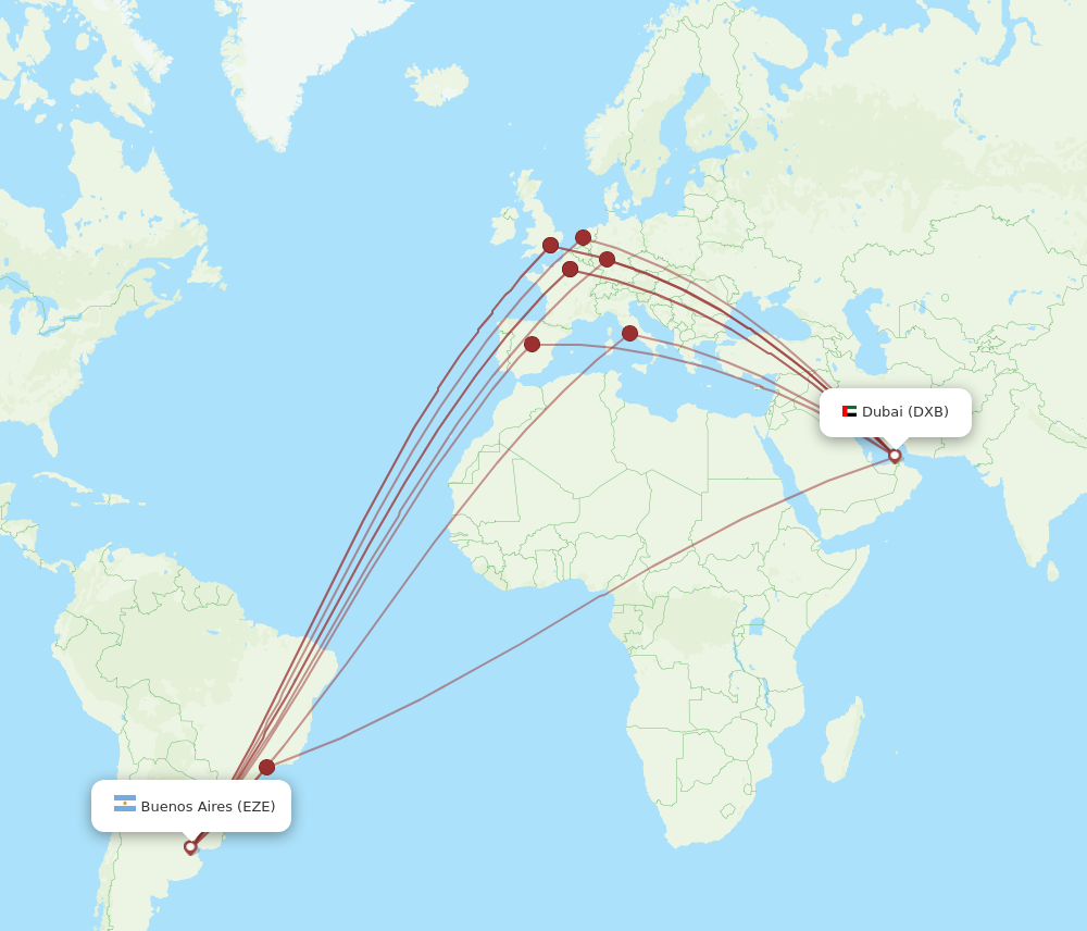 All flight routes from Dubai to Buenos Aires, DXB to EZE - Flight Routes