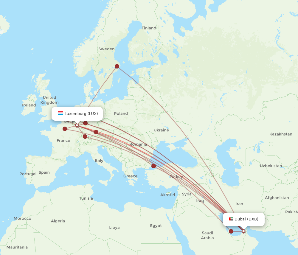 All flight routes from Dubai to Luxembourg, DXB to LUX - Flight Routes