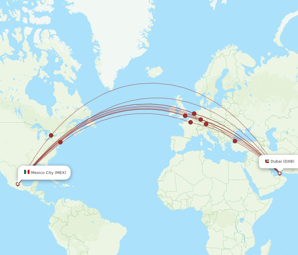 DXB to MEX flights and routes map