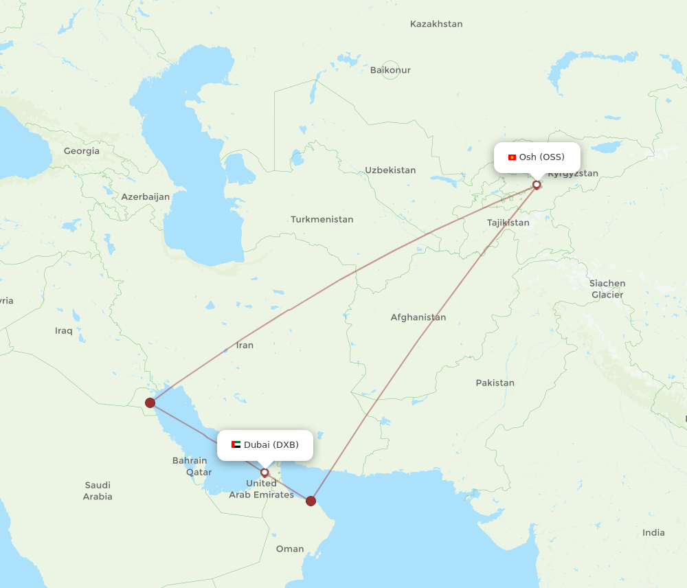 All flight routes from Dubai to Osh, DXB to OSS - Flight Routes