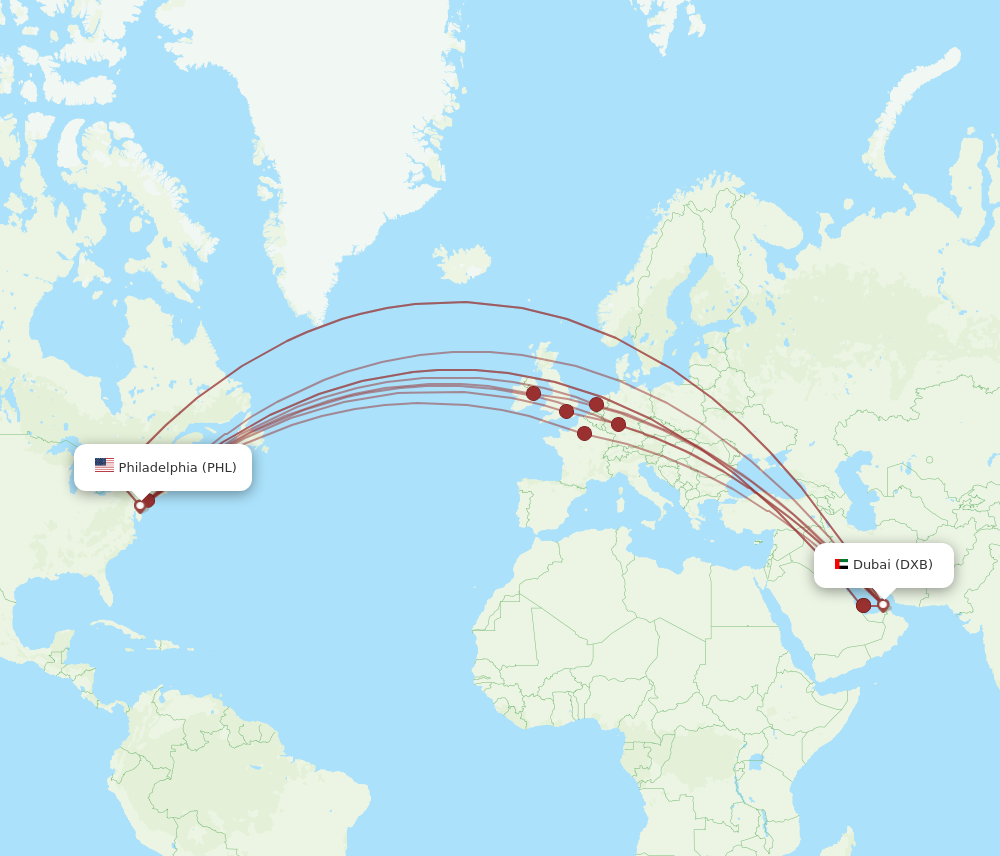 All flight routes from Dubai to Philadelphia, DXB to PHL - Flight Routes