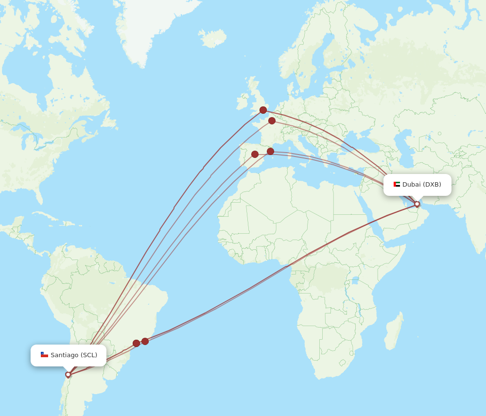 All flight routes from Dubai to Santiago, DXB to SCL - Flight Routes