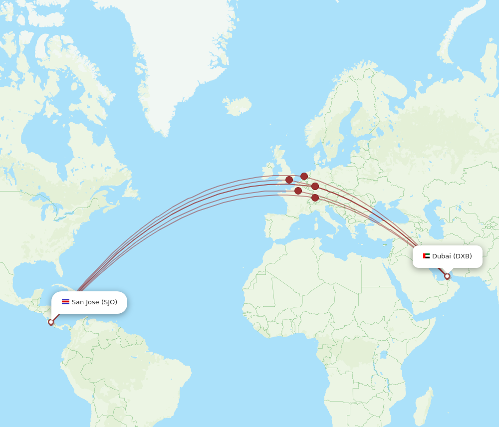 All flight routes from Dubai to San Jose, DXB to SJO - Flight Routes