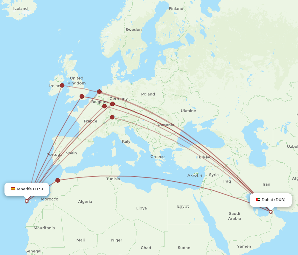 All flight routes from Dubai to Tenerife, DXB to TFS - Flight Routes