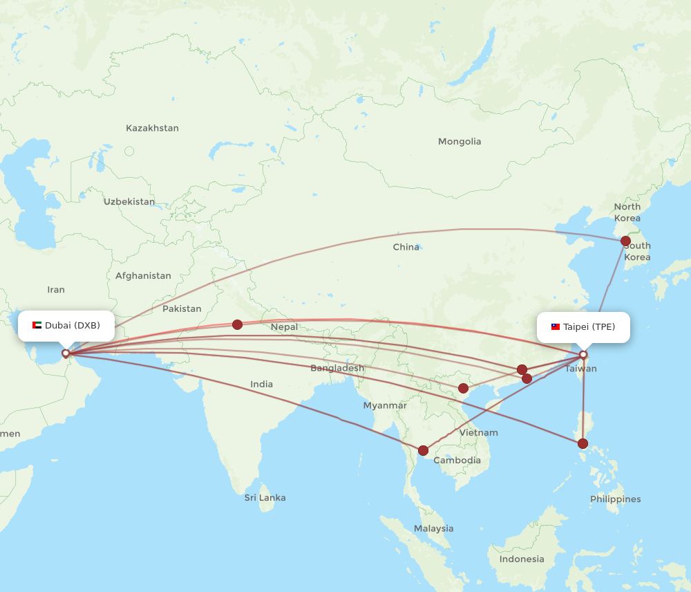 All Flight Routes From Dubai To Taipei, DXB To TPE - Flight Routes