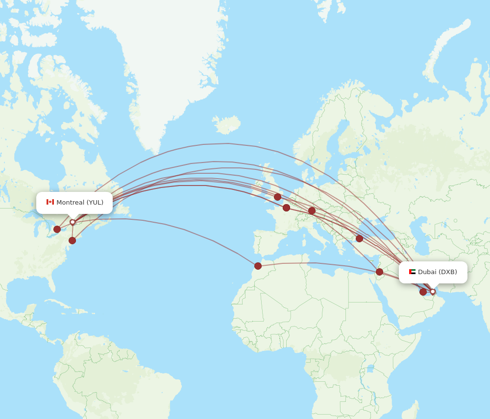 All flight routes from Dubai to Montreal, DXB to YUL - Flight Routes