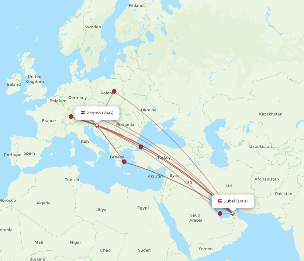 All flight routes from Dubai to Zagreb, DXB to ZAG - Flight Routes