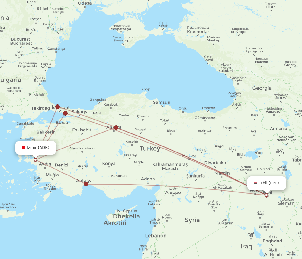 All Flight Routes From Erbil To Izmir, EBL To ADB - Flight Routes