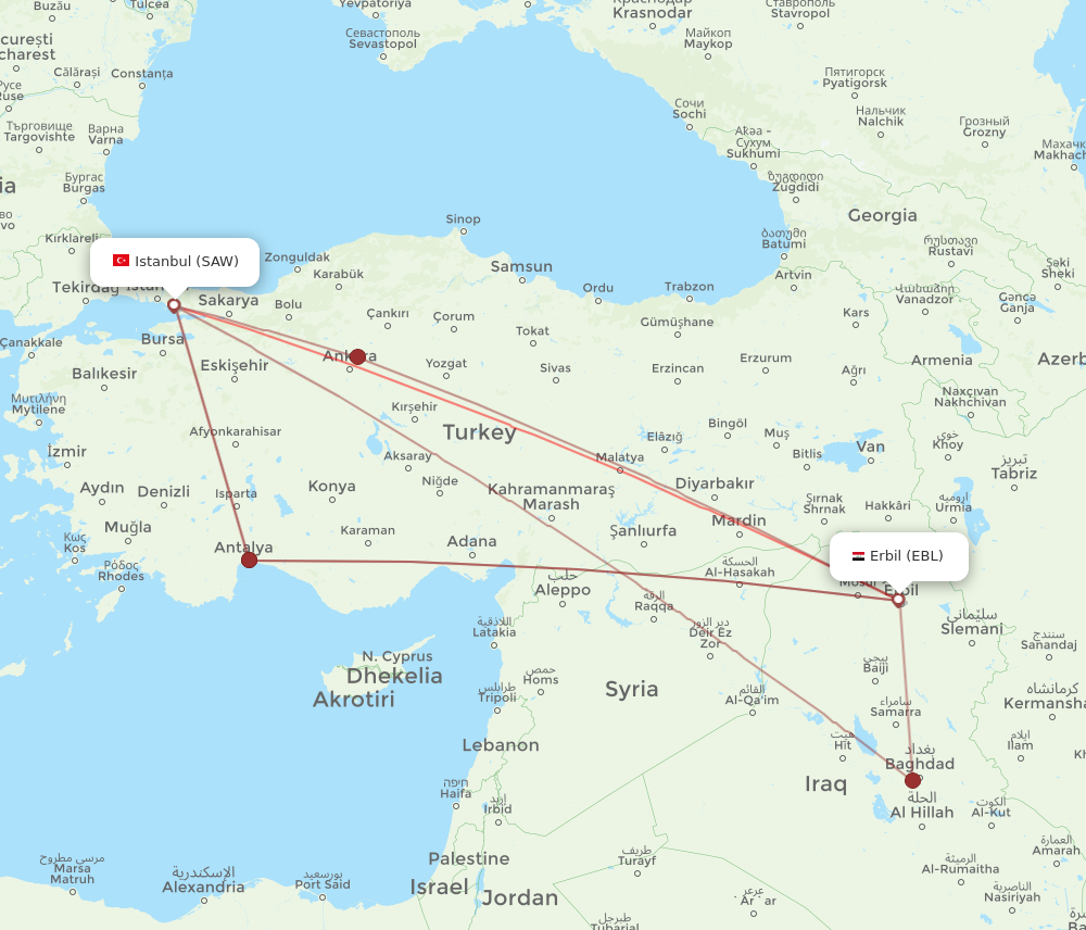 Flights from Erbil to Istanbul EBL to SAW Flight Routes