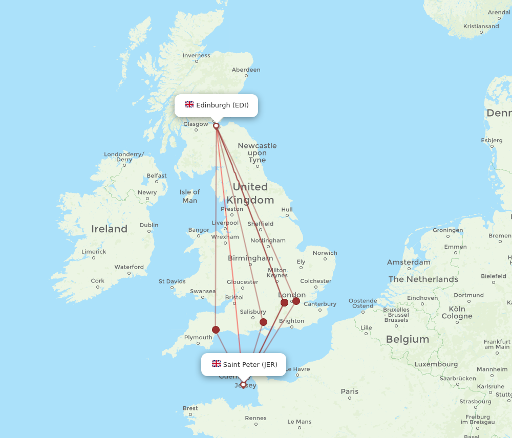 All flight routes from Edinburgh to Jersey, EDI to JER - Flight Routes