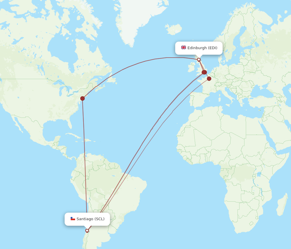 All flight routes from Edinburgh to Santiago, EDI to SCL - Flight Routes