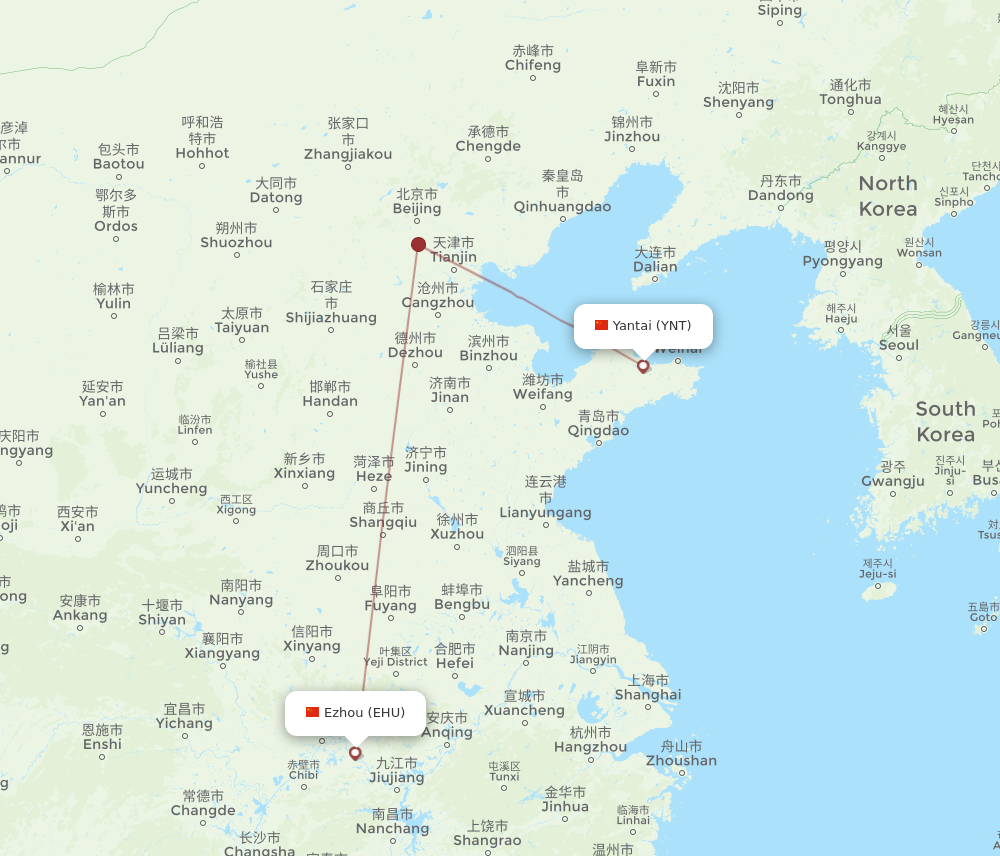 All Flight Routes From Yantai To Ezhou, Ynt To Ehu - Flight Routes