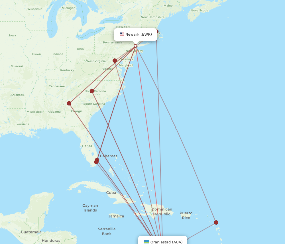EWR to AUA flights and routes map