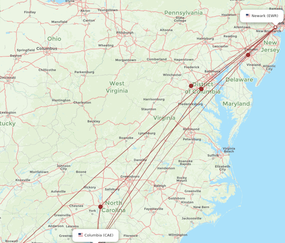 Flights from New York to Columbia EWR to CAE Flight Routes