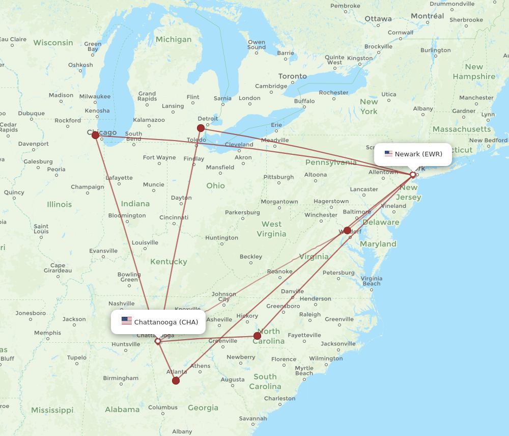 Flights from New York to Chattanooga EWR to CHA Flight Routes