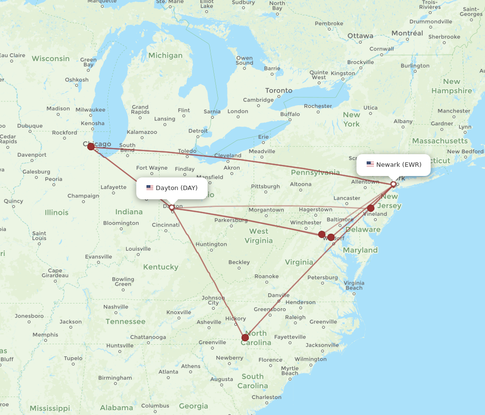 Flights from New York to Dayton EWR to DAY Flight Routes