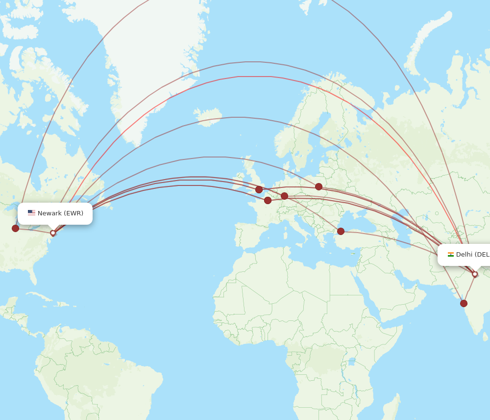 All flight routes from New York to Delhi, EWR to DEL - Flight Routes