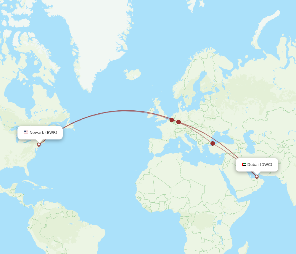 All flight routes from New York to Dubai, EWR to DWC Flight Routes