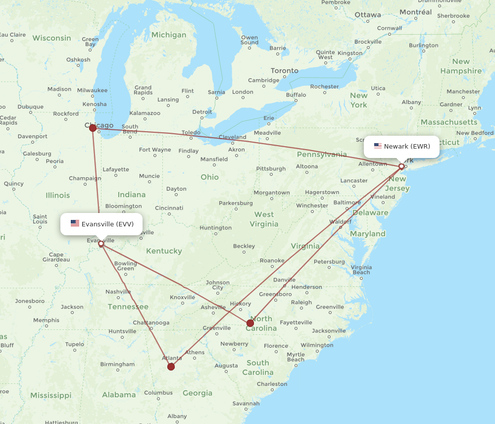 Flights from New York to Evansville EWR to EVV Flight Routes