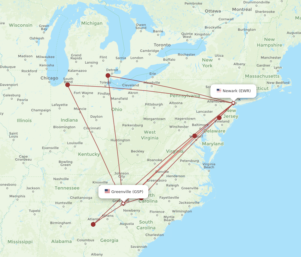 Flights from New York to Greenville EWR to GSP Flight Routes