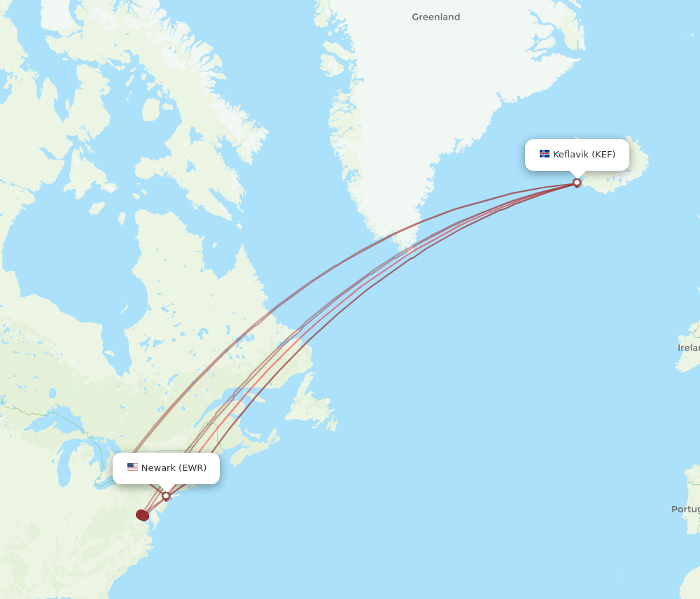 EWR to KEF flights and routes map