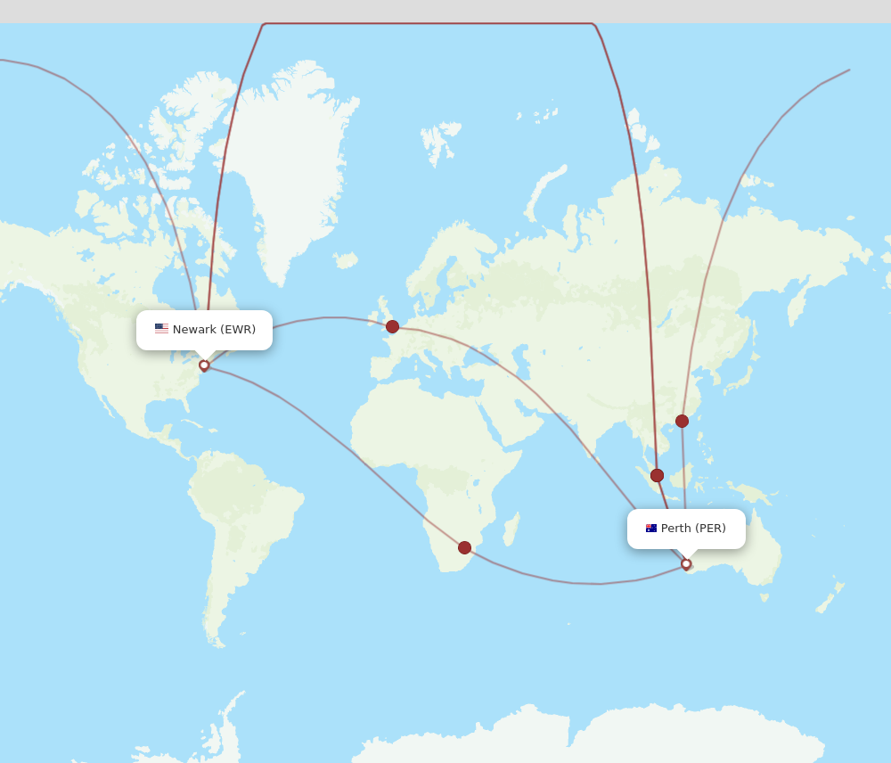 All flight routes from New York to Perth, EWR to PER Flight Routes