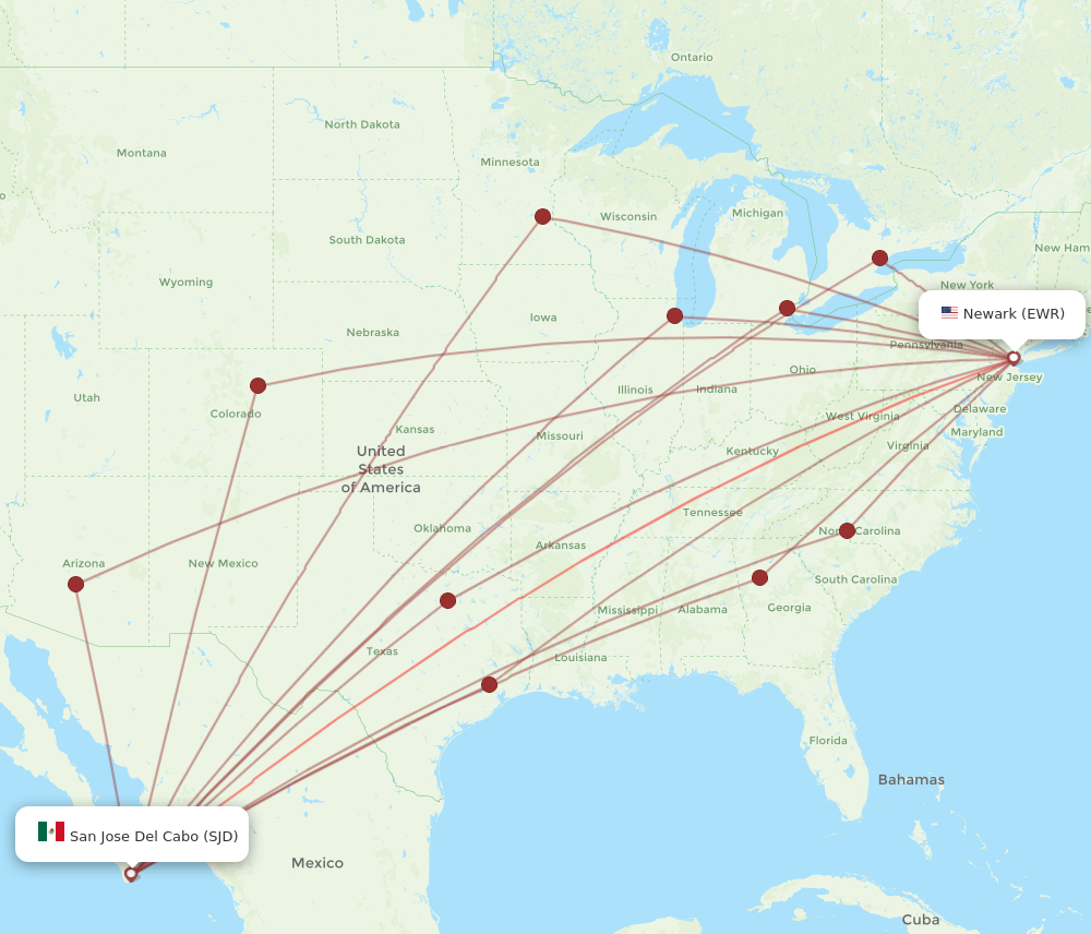 EWR to SJD flights and routes map