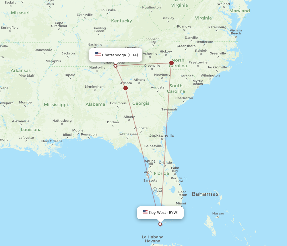 Flights from Key West to Chattanooga EYW to CHA Flight Routes