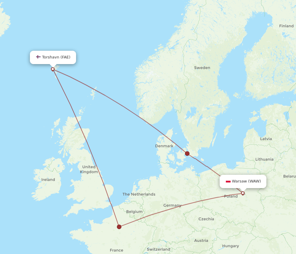 Flights from Faroe Islands to Warsaw FAE to WAW Flight Routes