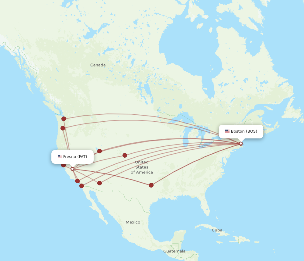 All flight routes from Fresno to Boston, FAT to BOS - Flight Routes