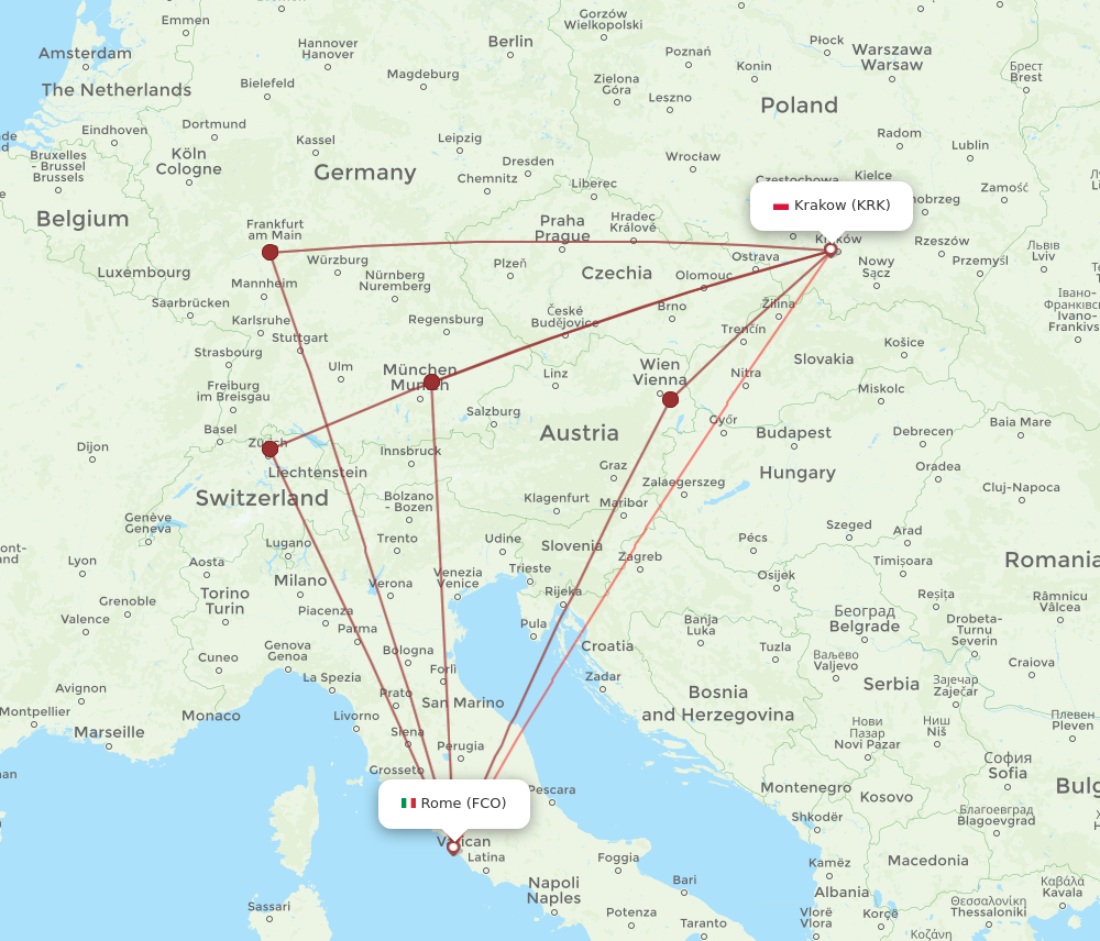 Flights from Rome to Krakow FCO to KRK Flight Routes