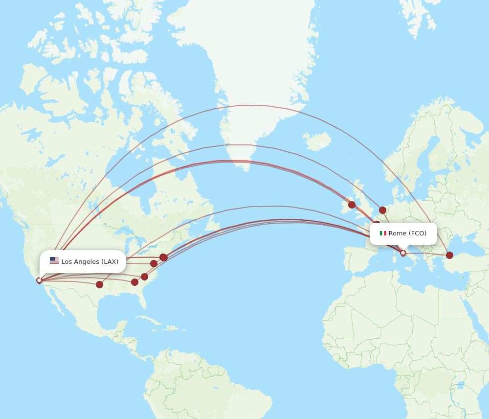 All flight routes from Rome to Los Angeles, FCO to LAX Flight Routes