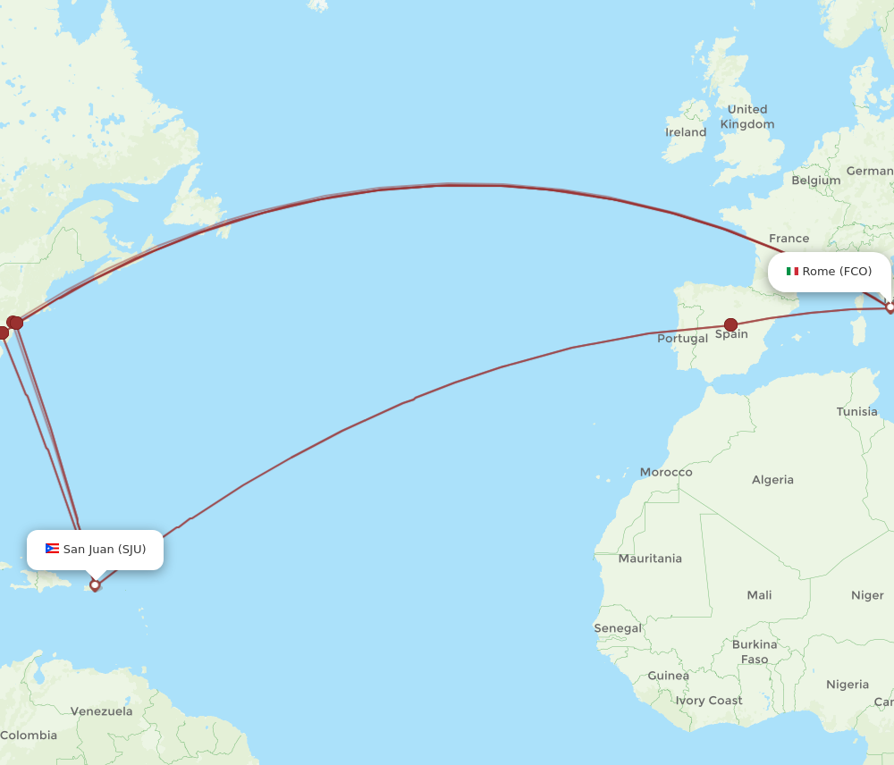 Flights from Rome to San Juan FCO to SJU Flight Routes