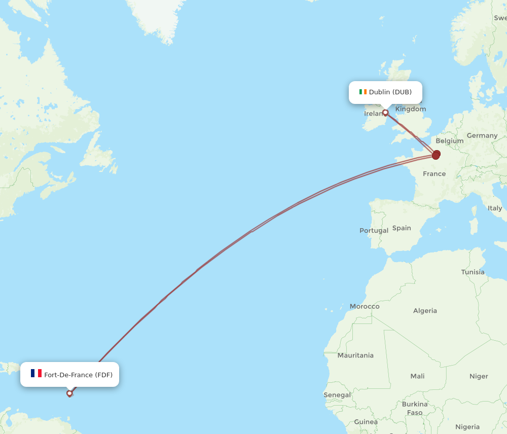 Flights from Fort De France to Dublin FDF to DUB Flight Routes