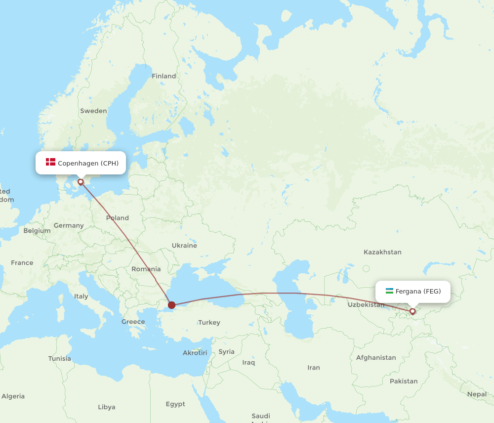 Flights from Fergana to Copenhagen FEG to CPH Flight Routes