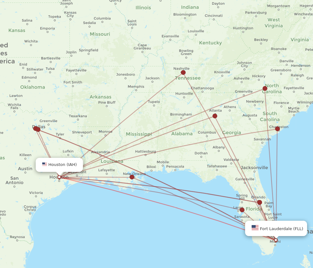 FLL to IAH flights and routes map