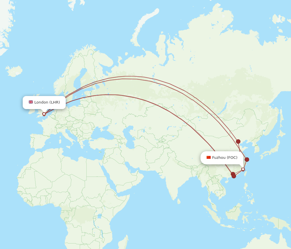 FOC to LHR flights and routes map