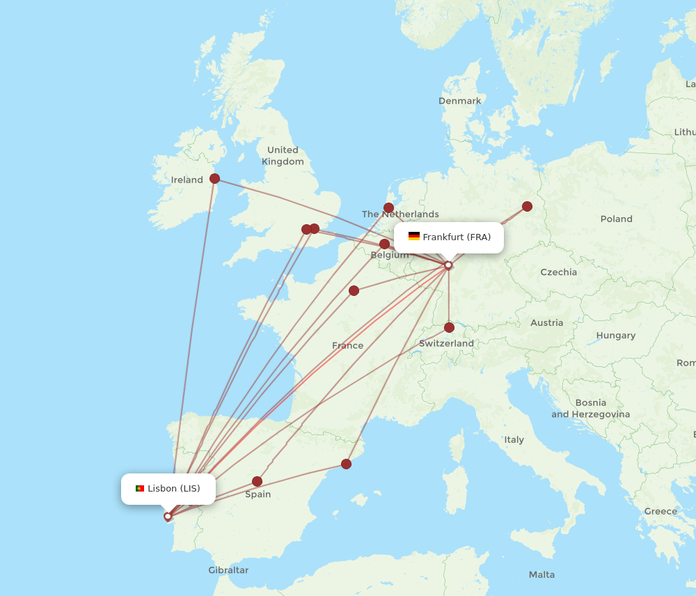 Flights from Frankfurt to Lisbon FRA to LIS Flight Routes