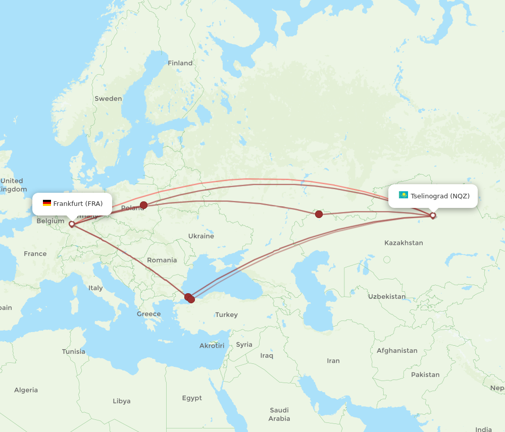 Flights from Frankfurt to Astana FRA to NQZ Flight Routes