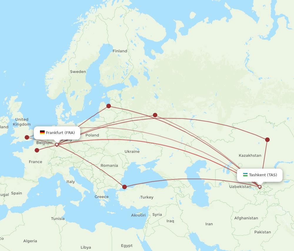 All flight routes from Frankfurt to Tashkent, FRA to TAS - Flight Routes