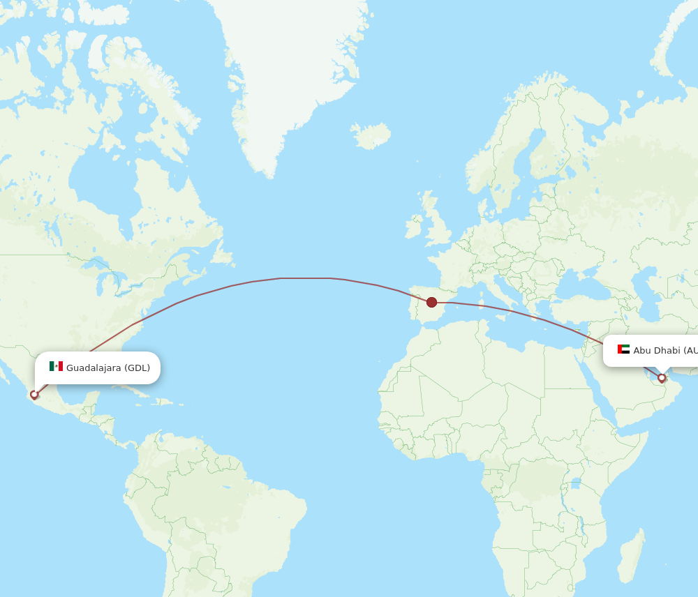 AUH to GDL flights and routes map