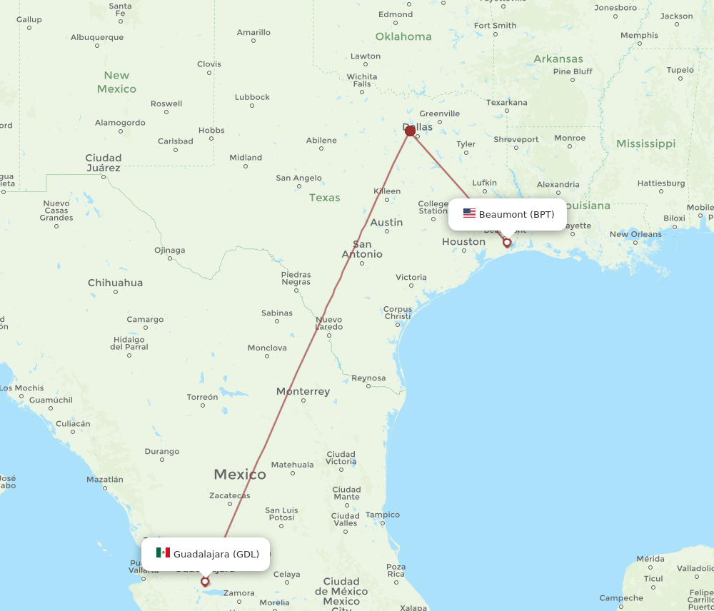 Flights from Guadalajara to Beaumont GDL to BPT Flight Routes