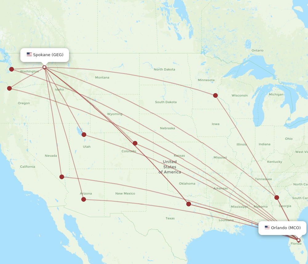 All flight routes from Spokane to Orlando, GEG to MCO - Flight Routes