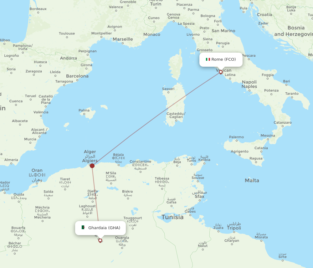 Flights from Ghardaia to Rome GHA to FCO Flight Routes