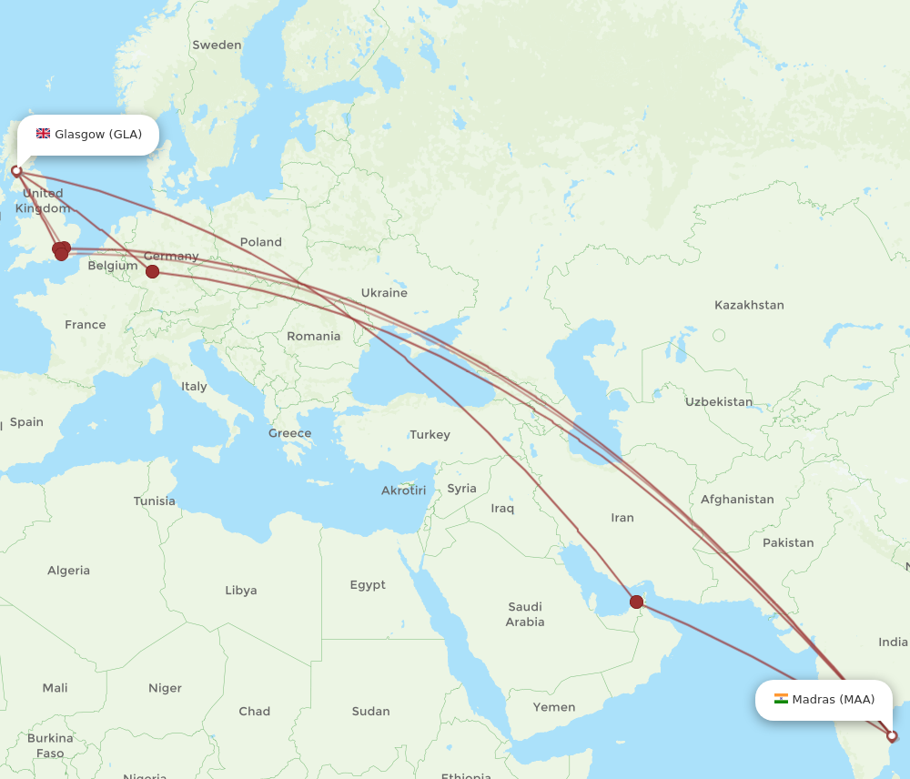 Flights from Glasgow to Chennai, GLA to MAA - Flight Routes