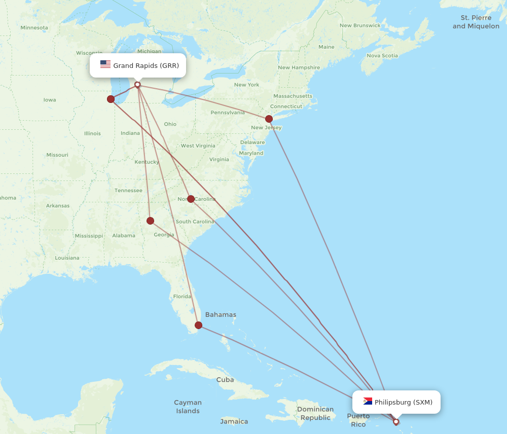 All flight routes from Grand Rapids to Sint Maarten, GRR to SXM ...