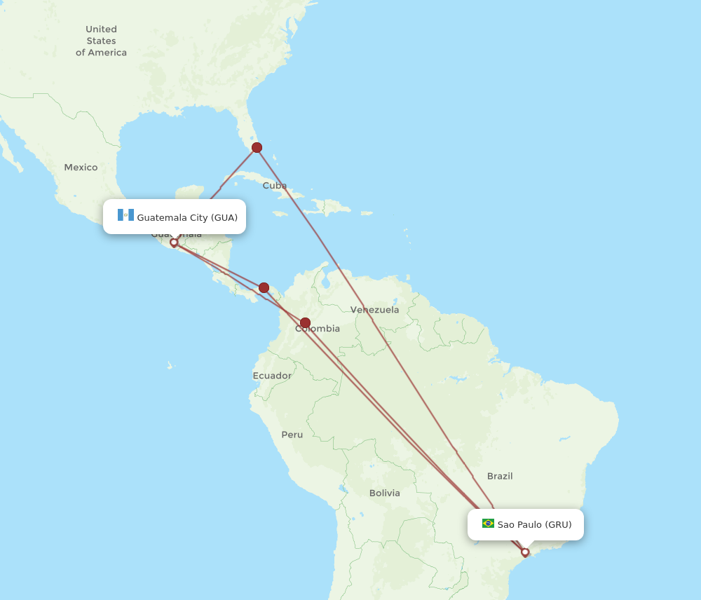 Flights from Sao Paulo to Guatemala City GRU to GUA Flight Routes