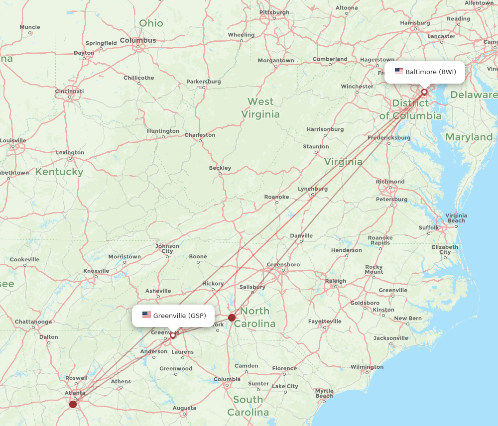 Flights from Greenville to Baltimore GSP to BWI Flight Routes